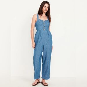 💙 Old Navy 100% Cotton Button Front Cami Wide Leg Denim Jumpsuit, S Tall, NWT